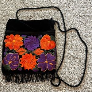 Velvet Embroidered Black Floral Crossbody Handbag Floral Purple Orange Fringed